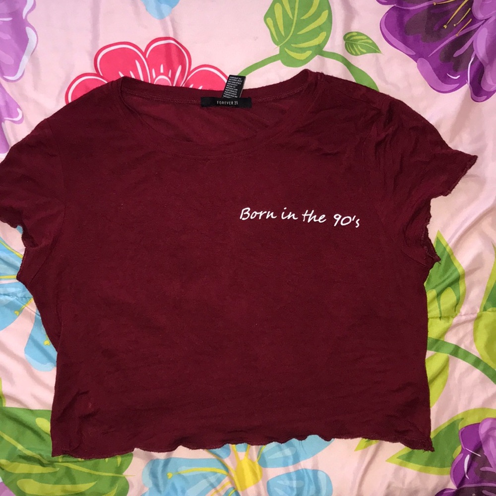 a maroon cropped tee